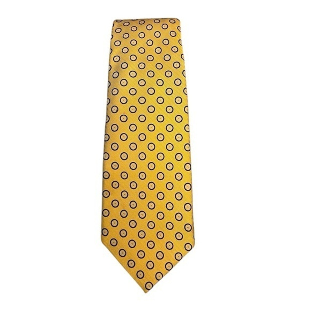 PETER MILLAR luxury yellow bias cut herringbone twill polka dot silk tie 3.75”